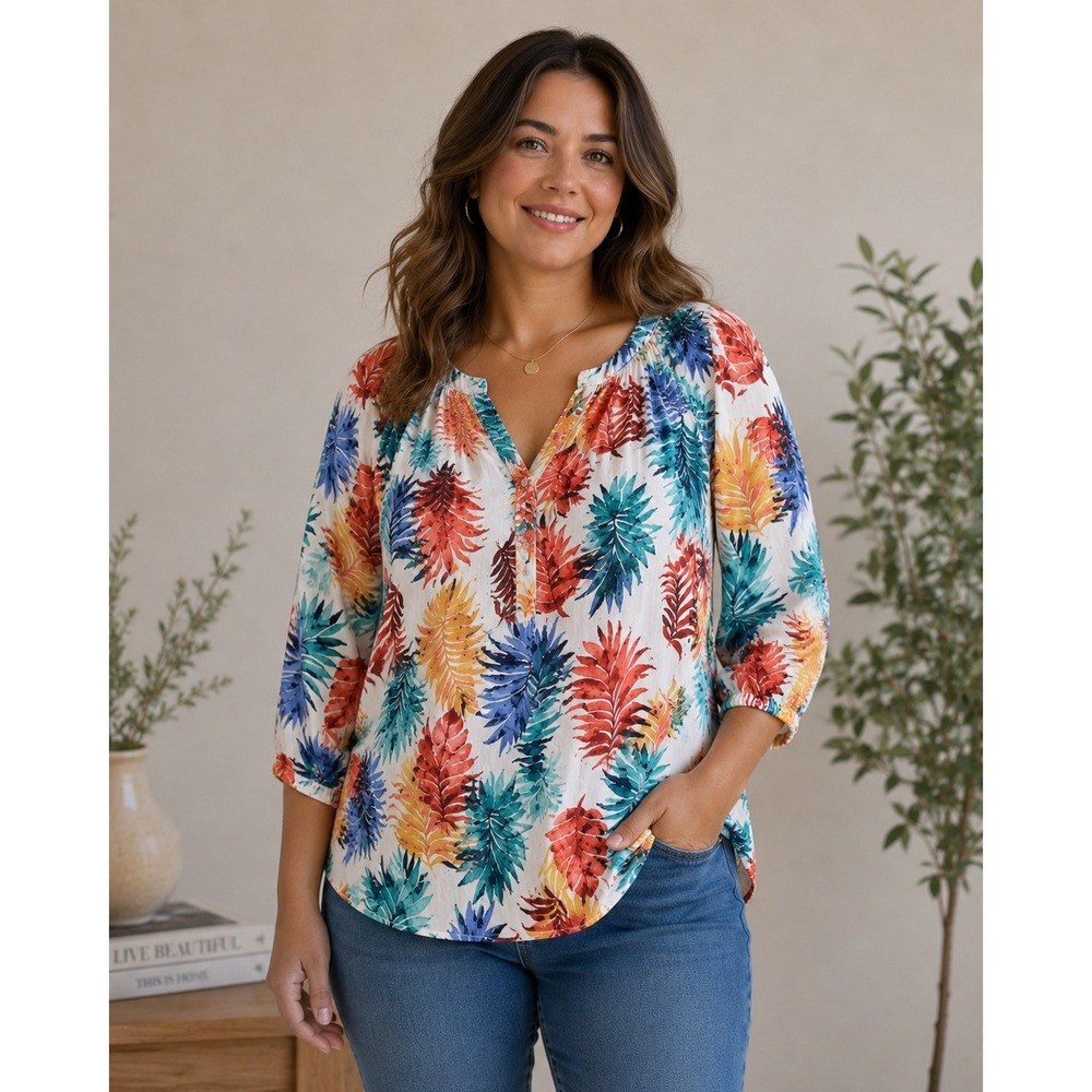 Ruby Rd Tropical Palm Leaf Blouse‎ Womens Large White Multi Rayon Linen Henley